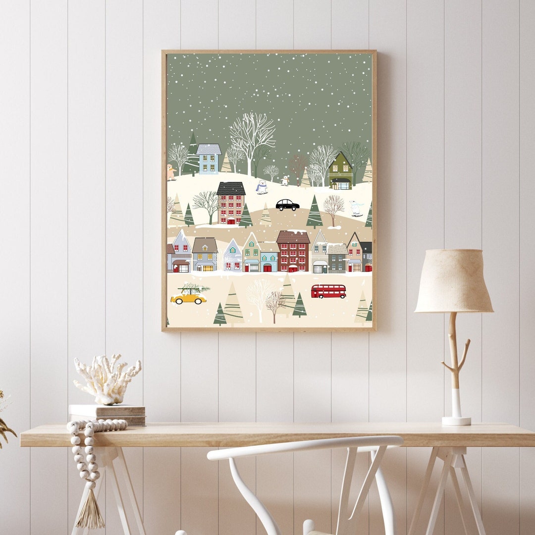 Bustling Winter Village Art Print, Christmas Scene Digital Print, Snowy ...
