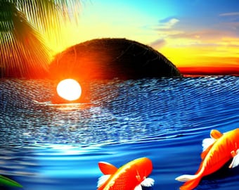 Koi Fish swimming out of a coconut, floating on the water with the sunset. Sublimation. PNG Digital File download