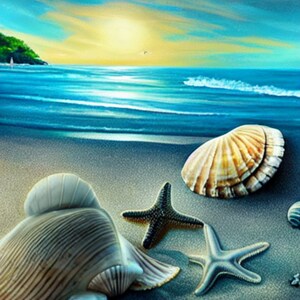 Sunset over ocean on sandy beach with star fish, sea shells.  Sublimation, PNG Digital File download