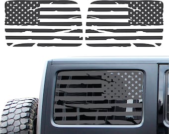 Fit for 2018-2022 Jeep Wrangler JL (4 Door) Precut Distressed American Flag Window Decals Both Side Proudly Made in The US Matte Black