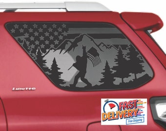 Fit for Toyota 4Runner (2010-2023) Precut US Flag Sasquatch Bigfoot Mountain Forest Scene Window Decals Proudly Made in The USA Matte Black