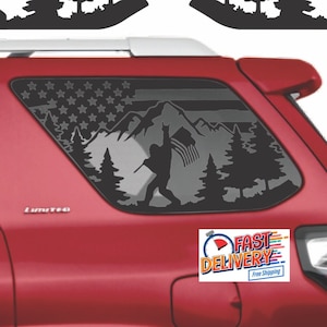 Fit for Toyota 4Runner (2010-2023) Precut US Flag Sasquatch Bigfoot Mountain Forest Scene Window Decals Proudly Made in The USA Matte Black
