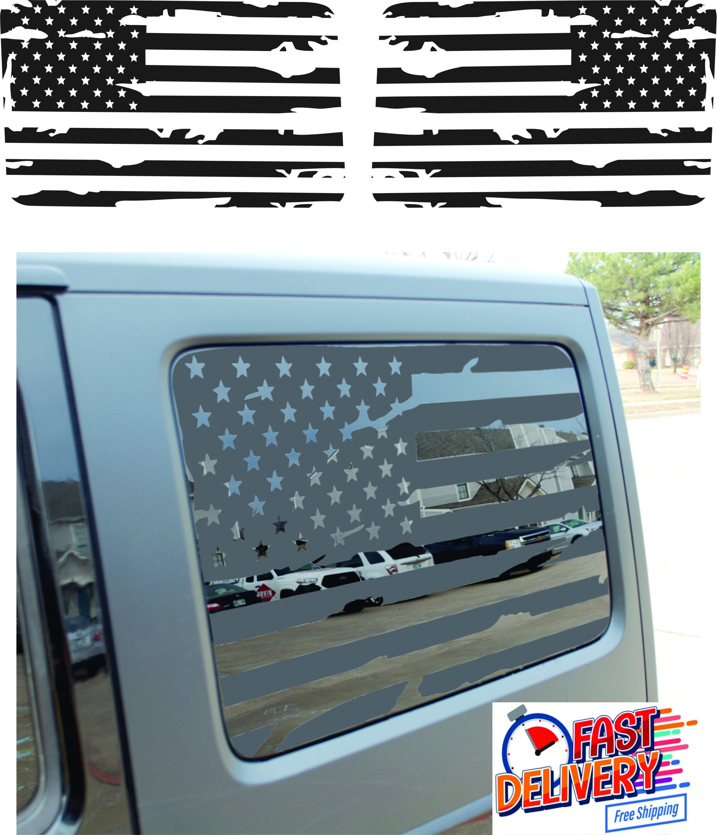 Precut American Flag Window Decals Fit for 2011 – 2018 Jeep Wrangler JK & JKU (4 Door) Proudly Made in The US Matte Black (Distressed)