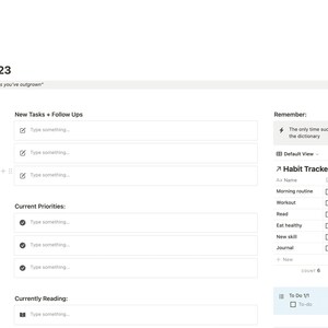 Peut inclure: Un planificateur numérique avec une icône de calendrier, une citation, "Arrêtez de vous rétrécir pour vous adapter à des endroits que vous avez dépassés", et des sections pour les liens rapides, les nouvelles tâches, les priorités actuelles, la lecture en cours, un suivi des habitudes et une liste de choses à faire.