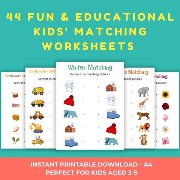 44 Educational Matching Worksheets for Kids - Fun Learning Games For Early Childhood Development. Instant Printable Download - A4, Preschool