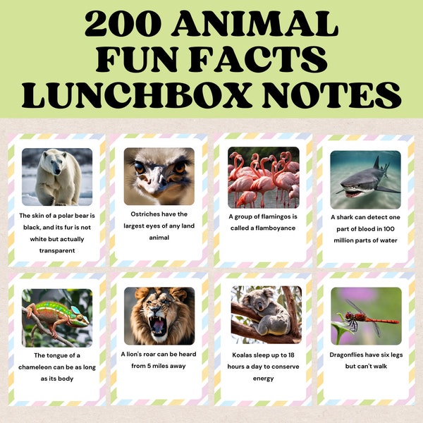 Dieren Leuke weetjes Lunchbox Notities voor kinderen | Fascinerend educatief cadeau | Terug naar school afdrukbare lunchboxkaarten | PDF downloaden en afdrukken