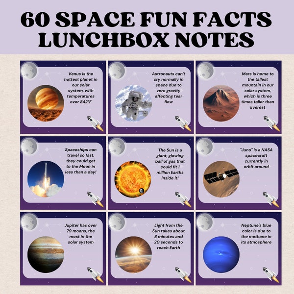 Weltraum Fun Facts Lunchbox Notizen für Kinder | Faszinierendes Lerngeschenk | Back To School druckbare Lunch Box Karten | PDF herunterladen und ausdrucken