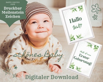 Babys Erstes Jahr Druckbar Meilenstein Zeichen - Digitaler Download - Minimalistisches Naturblatt-Design - Alle 12 Monate + 2 Bonusseiten