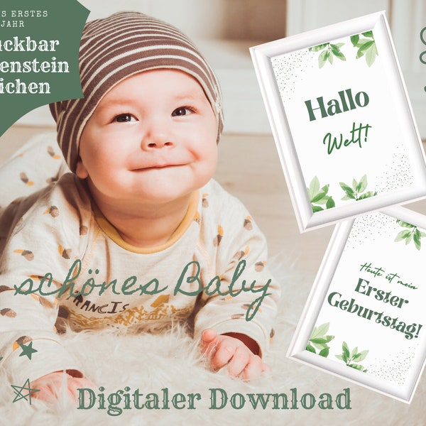 Babys Erstes Jahr Druckbar Meilenstein Zeichen - Digitaler Download - Minimalistisches Naturblatt-Design - Alle 12 Monate + 2 Bonusseiten