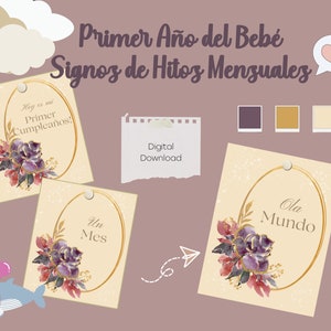 Primer Año del Bebé Signos de Hitos Mensuales- Descarga Digital - Classy Purple Floral Design (en español)-All Twelve Months + 2 Bonus Pages