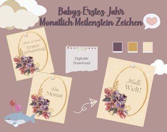 Babys Erstes Jahr Druckbar Meilenstein Zeichen - Digitaler Download - Klassisches lila Blumenmuster - Alle 12 Monate + 2 Bonusseiten