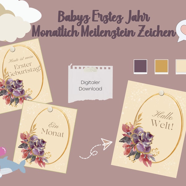 Babys Erstes Jahr Druckbar Meilenstein Zeichen - Digitaler Download - Klassisches lila Blumenmuster - Alle 12 Monate + 2 Bonusseiten