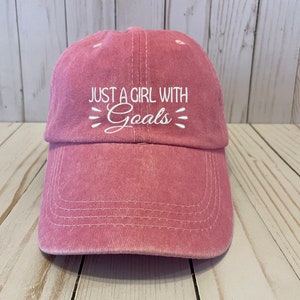 Baseball Hat, Just A Girl With Goals, Pink Hat, Fun Saying, Women&#39;s Embroidered Distressed, Vintage Baseball Cap, Gift For, Mom, Teen