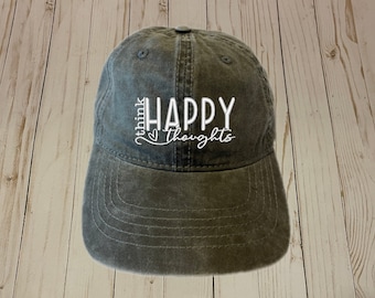 Think Happy Thoughts Baseball Hat, Funny Saying Embroidered Distressed Black Adjustable Vintage Baseball Cap, Fairy, Pixie, Gift Women, Girl