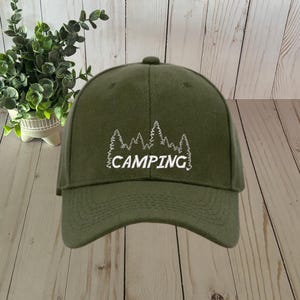 Baseball Hat, Camping Tree Line, Embroidered White On An Army Green, Adjustable, Gift for Campers, Outdoors, Men, Grandpa, Guys, Fathers