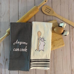 Kitchen Towels, Anyone Can Cook, Grey And White, Embroidered Kitchen Decor, Housewarming Gift, Hand Towels, Dish Towels, Remy, Towel Holders