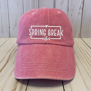 Baseball Hat Spring Break Vibes, Vacation Baseball Cap, Embroidered Design On Pink Adjustable Vintage Baseball Cap, Gift for Mom Women, Teen