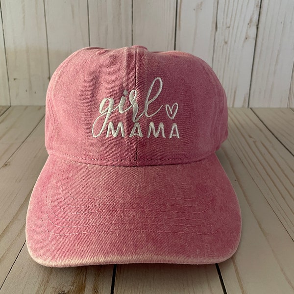Girl Mama Baseball Hat, Vacation Hat, Embroidered White Design On Light Pink Adjustable Baseball Cap, Gift for Mom, Women, Woman, Mother
