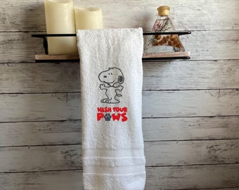 Embroidered Bathroom White Hand Character Towel, Wash Your Paws, Hand Towel, Cartoon Towel, Boy, Girl, Kids, Dog Towel, Housewarming Gift