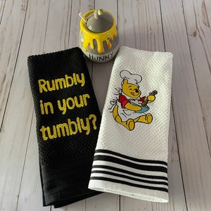 Kitchen Towels, Winnie The Pooh, Rumbly In My Tumbly, Black & White Towels Embroidered Tea Towel, Character Towel, Dish Towel, Towel Holders