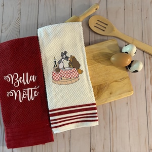 Kitchen Towels, Dogs Lady and Tramp Red and White, Bella Notte, Embroidered Graphic, Home Decor, Housewarming Gift, Dog Lovers, Towel Holder