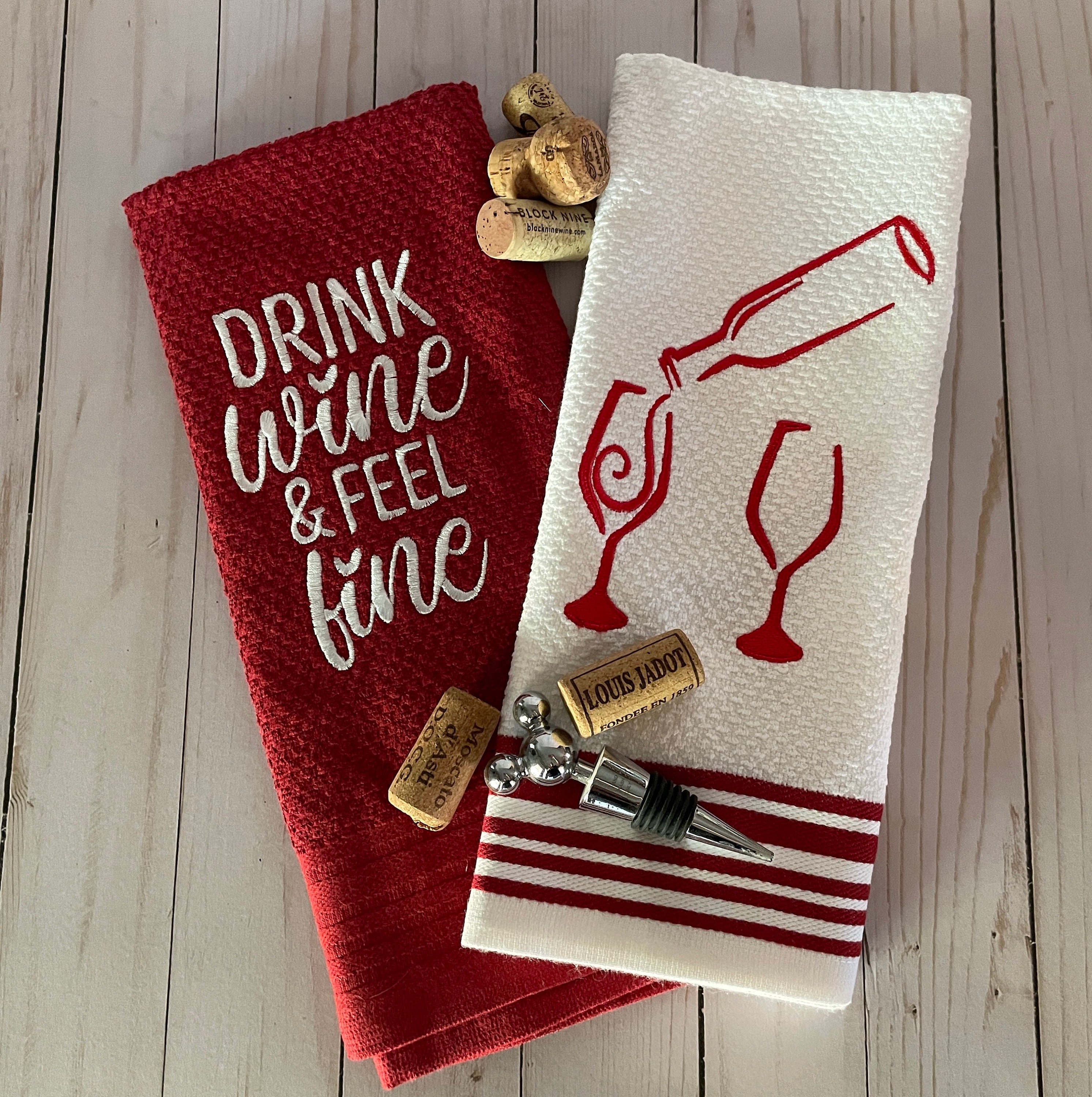 Kitchen Towels Drink Wine and Feel Fine Tea Towel Red and White Embroidered Hand Towel Wine Bottle Towel Funny Towel Housewarming Gift Etsy