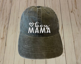 Boy Mama Baseball Hat, Vacation Hat, Women's Embroidered Design On Distressed Black Vintage Adjustable Baseball Cap, Gift for Mom, Mothers