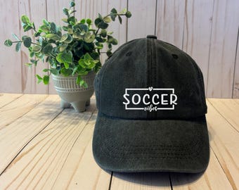 Soccer Vibes, Baseball Hat, Vacation Hat, Tournament Hat, Sports Women's Embroidered Distressed Black Adjustable Baseball Cap, Gift for Mom