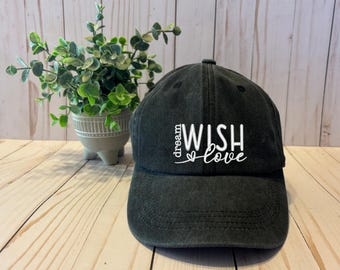 Baseball Hat, Dream Wish Love, Inspirational Hat, Saying Embroidered Womens Distressed Black Adjustable Cap,, Gift for Woman, girls and Teen
