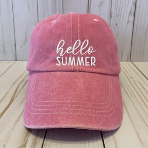 Baseball Hat, Hello Summer, Funny Saying Embroidered Adjustable Pink White Design, Baseball Cap Gift for Mom, Mothers, Woman, Girl, Teen