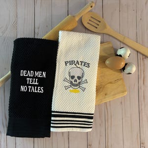 Kitchen Towels Pirates Dead Men Tell No Tales Black & White Embroidered, Home Decor, Hand Tea Towel, Housewarming Gift, Mouse, Towel Holders
