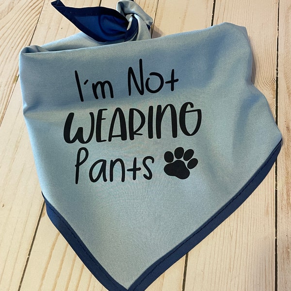 Funny Dog Bandana, I"m Not Wearing Pants, Blue Reversible, Medium Large Tie On Adjustable Funny Saying Washable Pet Accessory Gift Dog Lover