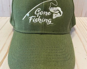 Gone Fishing Baseball Hat, Vacation Hat, Funny Saying, Embroidered Distressed Green Adjustable Vintage Baseball Cap Gift For Men Dad Grandpa