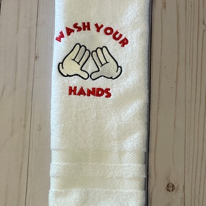 Bathroom White Hand Towel, Wash Your Hands, Character, Embroidered Hand Towel, Cartoon Bathroom Towel, Boy, Girl, Kid Bathroom, Mickey Towel
