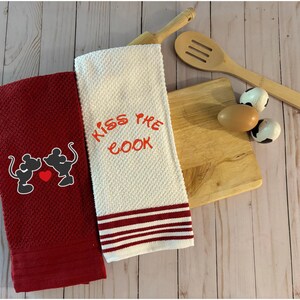 Kitchen Towels, Mouse, Kiss The Cook Red and White Embroidered, Hand Towels, Tea Towels, Home Decor, Housewarming Gift, Mickey Fan