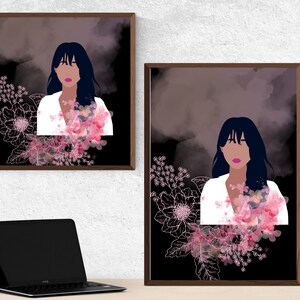 Pink Floral Woman Canvas Print Woman Wall Art Abstract Woman Portrait Pink Floral Female Face Wall Art