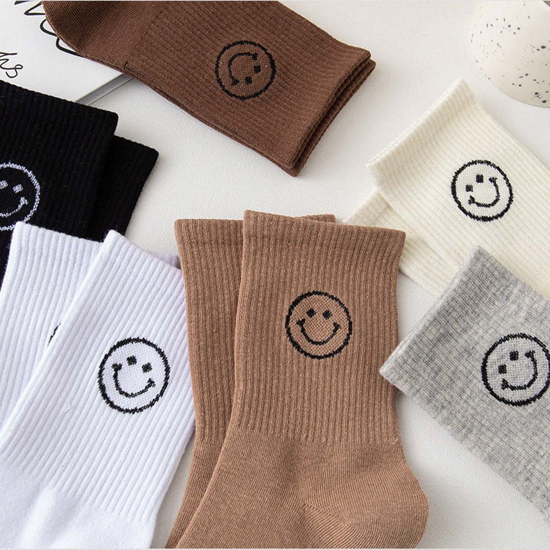 HAPPY FACE SOCKS, Neutral Colored Smiley Face Socks for Women, Smiley ...