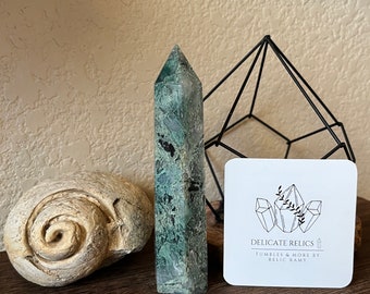 May include: A green and black crystal point with a pointed tip. The crystal is sitting on a wooden surface with a seashell and a geometric metal stand. The text on the card reads "DELICATE RELICS TUMBLES & MORE BY RELIC RAMY".