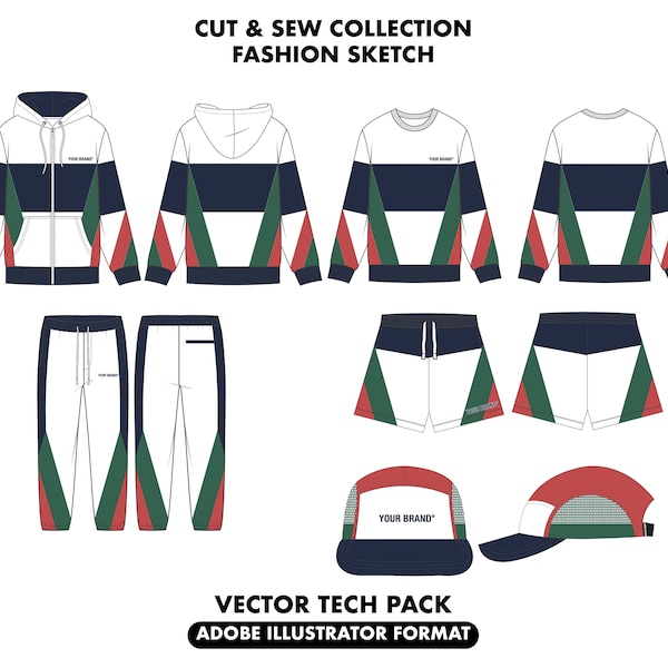 Cut and sew collection tech pack bundle, clothing sketch, Flat clothing mockup, Hoodie Joggers Shorts Bundle, fashion designer template