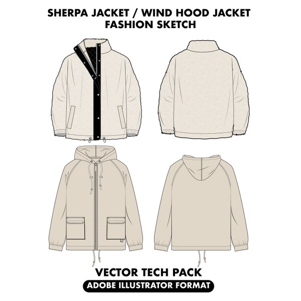 Sherpa jacket tech pack bundle, clothing sketch, Bundle Fashion Design Template, jacket vector sketch, wind hood jacket vector sketch