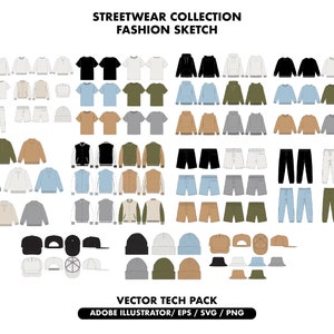 streetwear collection tech pack bundle, clothing sketch, Flat clothing mockup, Hoodie Joggers Shorts Bundle, fashion designer template