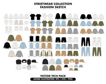 streetwear collection tech pack bundle, clothing sketch, Flat clothing mockup, Hoodie Joggers Shorts Bundle, fashion designer template