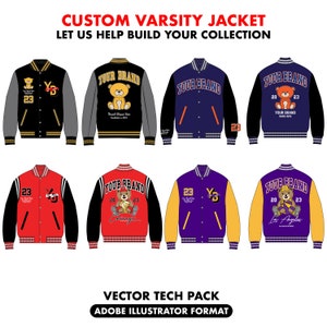 Custom jacket tech pack bundle, clothing sketch, Flat clothing mockup, streetwear clothing brand mockups, custom tech packs, varsity jacket