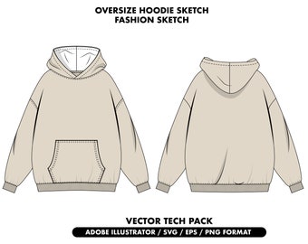 Streetwear hoodie template, Oversize hoodie tech pack, clothing sketch, boxy hoodie vector, drop shoulder hoodie techpack, Hoodie mockup