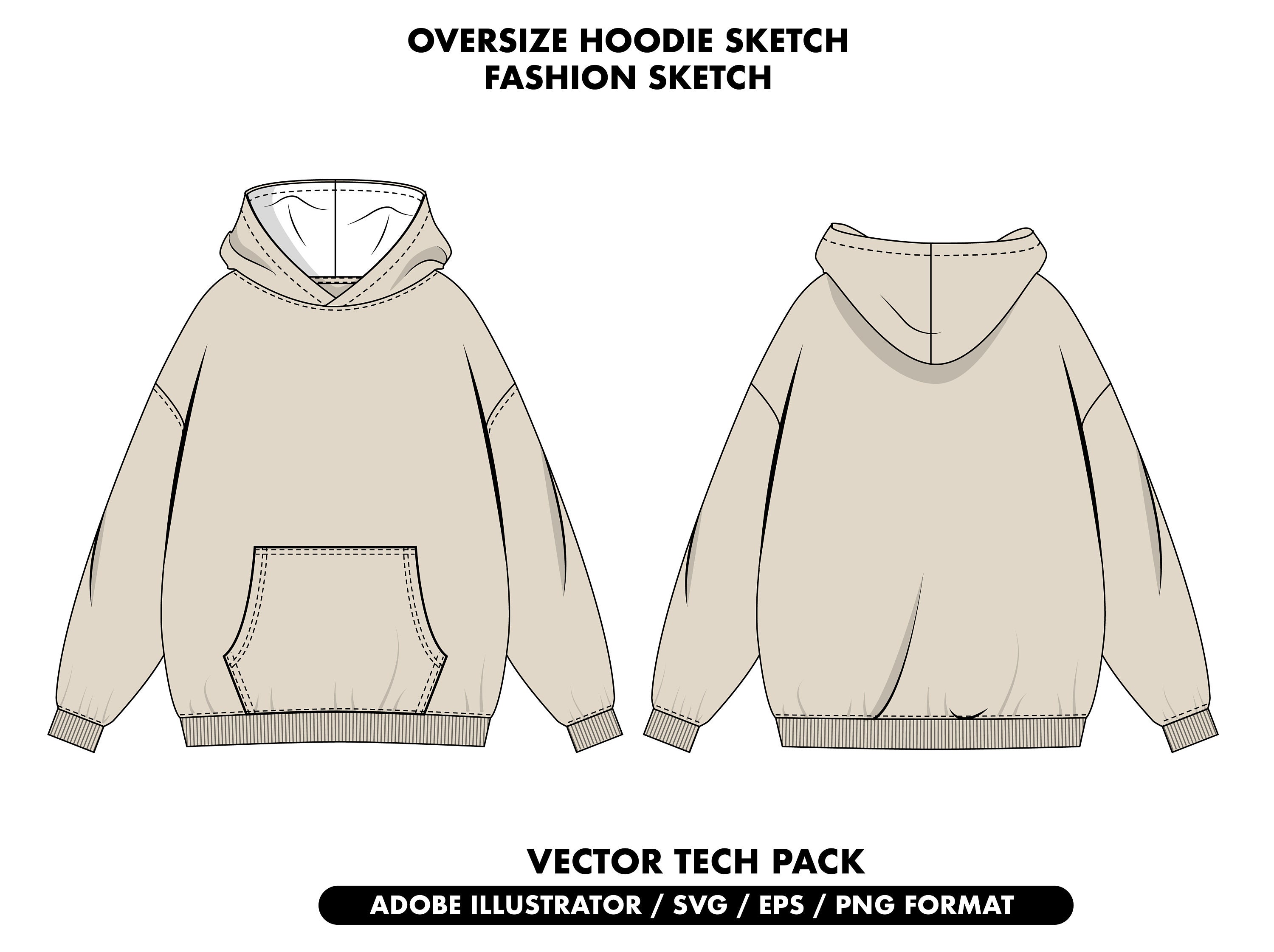 Streetwear Hoodie Template, Oversize Hoodie Tech Pack, Clothing Sketch Streetwear Hoodie Template, Oversize Hoodie Tech Pack, Clothing Sketch
