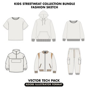 Kids streetwear tech pack bundle, clothing sketch, Bundle Fashion Design Template, jacket vector sketch, kids clothes vector