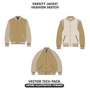 Varsity jacket tech pack bundle, clothing sketch, Bundle Fashion Design Template, jacket vector sketch, varsity jacket vector