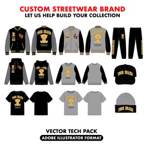 Custom streetwear collection tech pack bundle, clothing sketch, Flat clothing mockup, streetwear clothing brand mockups, custom tech packs