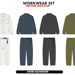 Workwear sets mockup, clothing sketch, Flat clothing mockup, Hoodie Joggers Shorts Bundle, fashion designer template, plaid shirt mockup