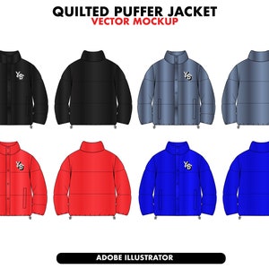 Puffer jacket tech pack, clothing sketch, Flat clothing mockup, jacket mockup sketch, streetwear vector mockups. fashion design templates